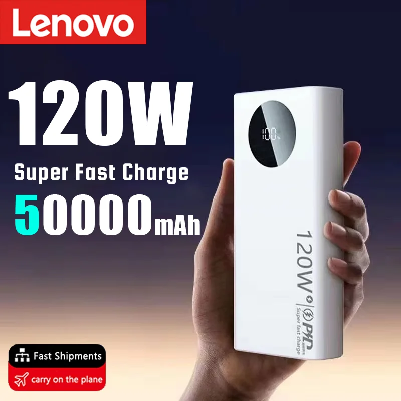 Lenovo 120W 50000mAh High Capacity Power Bank Fast Charging Powerbank Portable Battery Charger For iPhone Samsung Huawei 2024