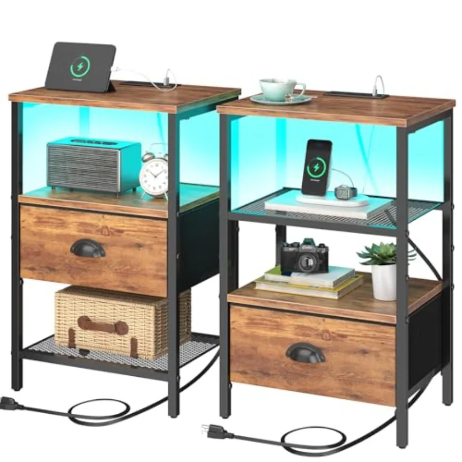 

Nightstands Set of 2 LED Night Stands with Charging Station and Fabric Drawer Bedside Tables with Drawers 2- Tier LED Side Tabl