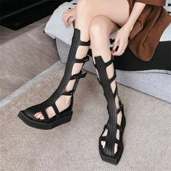 2024 New Summer Women Gladiator Sandals Hollow Out Summer Knee High Boots Straps Thick Sole Platform Shoes Closed Toe Sandalias