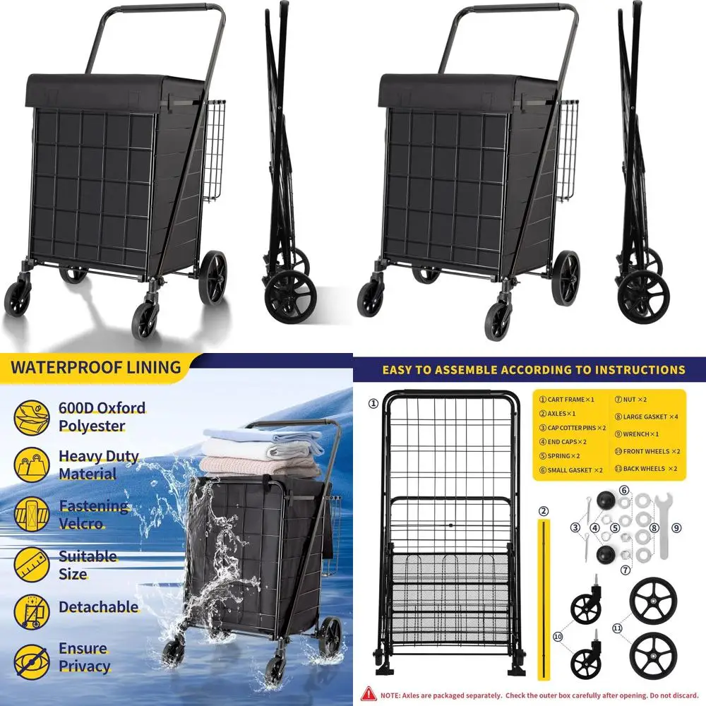 

Large Folding Shopping Cart with Waterproof Liner, 340lb Capacity, 360° Swivel Wheels, Extra Basket Space