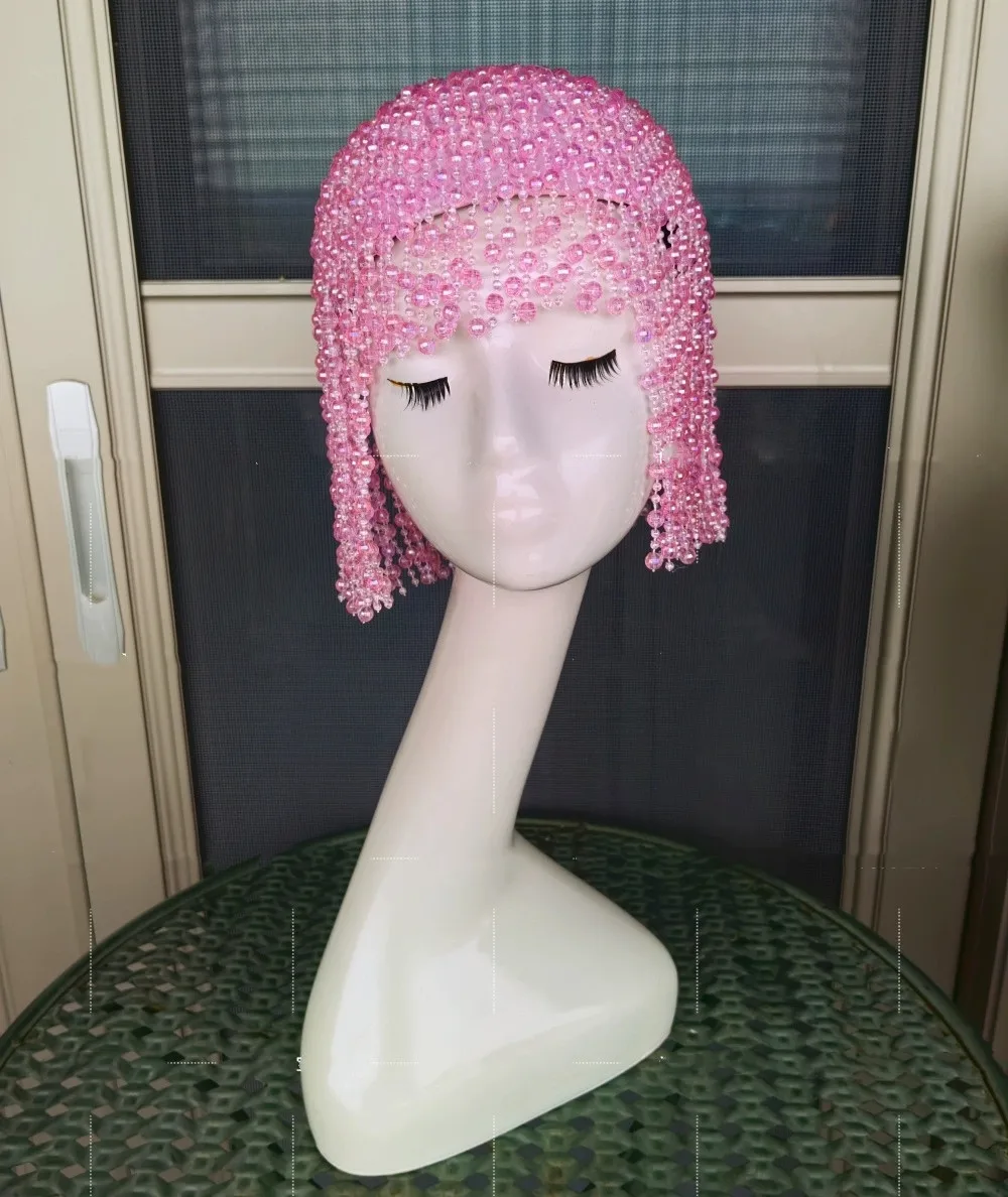 핑크 구슬 가발 헤드 기어 여성 댄서 가수 공연 의상 무대 액세서리 클럽 파티 쇼 축제 레이브 소품
