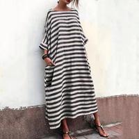 O-Neck Batwing Sleeves Women Dress Pockets Ankle Length Fine Sewing Retro Striped Print Loose Maxi Dress Streetwear