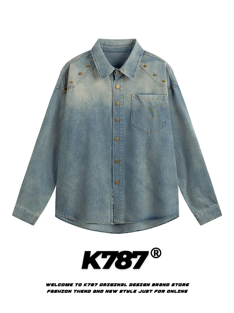 

K787 American Retro Vintage Waed Long Sve irt Men's Buttoned Couple's Jaet Loose Fit Youthful Sle Spring Season