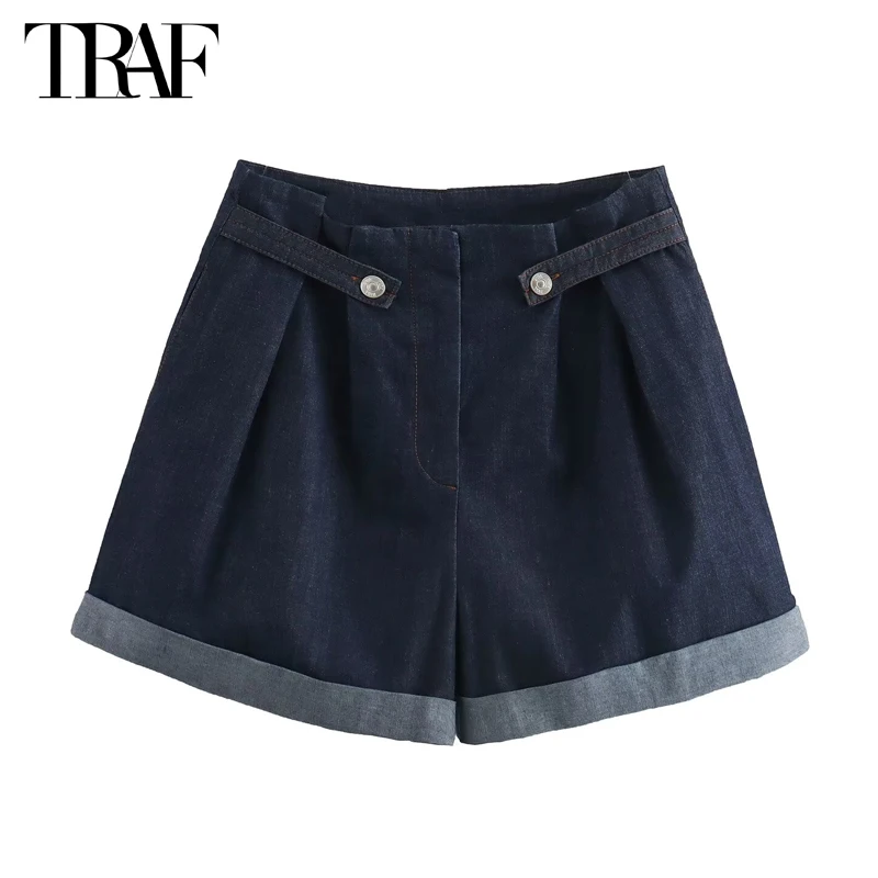 TRAF Paper Bermuda Shorts Woman Summer High Waist Shorts for Women Belt Pleated Women's Shorts Streetwear Skirt Shorts Women