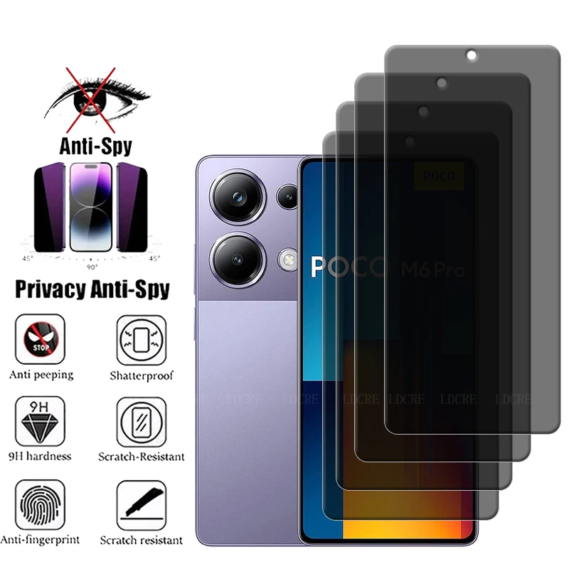 4Pcs For Xiaomi Poco M6 Pro Glass For Poco M6 Pro Screen Protector 9H HD Protective Anti-Spy Privacy Tempered Glass Poco M6 Pro