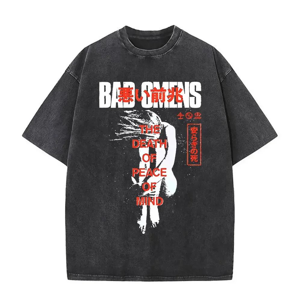 Washed Vintage Bad Omens Print T-shirt Funny Moth Graphic Tshirt Men Women Fashion Hip Hop Streetwear Short Sleeve T-shirts Male