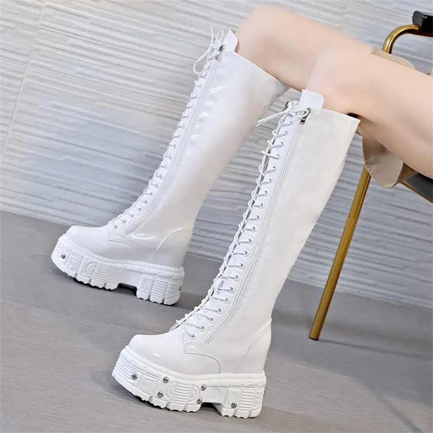 Punk Platform Pumps Women's Bright Cow Leather Lace Up Knee High Boots Wedge High Heels Creeper Height Increasing Party Shoe