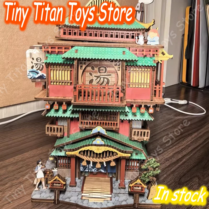 Tonecheer Diy Wooden Spa Themed Miniature House 3d Building Blocks Puzzle Kit Induction Open Cover Creative Assembly Decor Gift