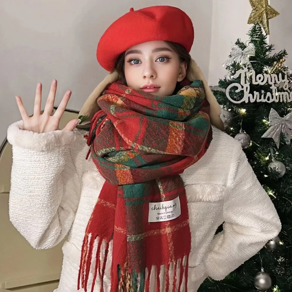 Winter Imitation Cashmere Warm Scarf for Women Double-sided Pashmina Thickened Luxury Green Scarf Christmas New Year Gift Shawl