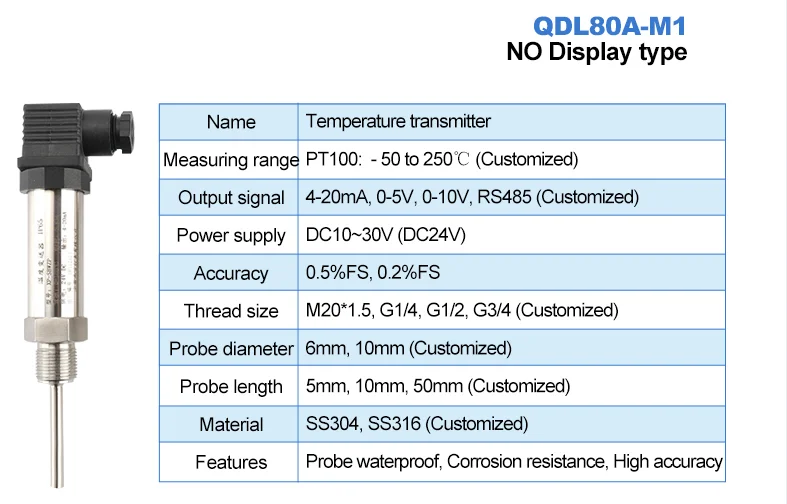 Pt100 integrierter Temperatursensor, Sendersonde, 4–20 mA, Edelstahl für die Temperaturregelung von Wasser, Ölen – Detail 1