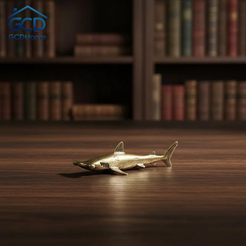 Antique Brass Miniature Shark Whale Figurine Solid Metal Feng Shui Lucky Ornament for Work Desk Shelf Decor