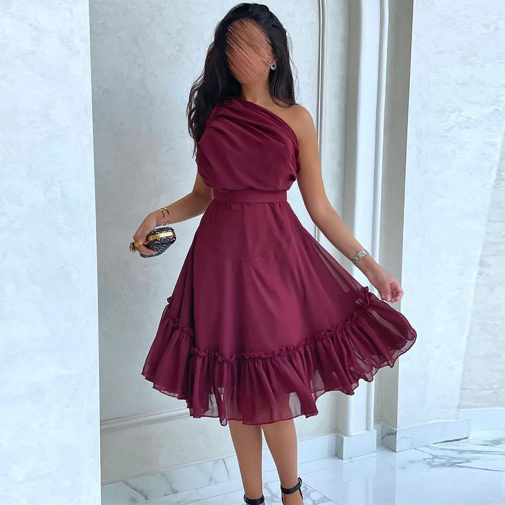 

One-Shoulder A-line Prom Gown Knee-Length Ruffle Party Dress Sleeveless Modern Pleat Homecoming Dresses فساتين للحفلات الراقصة