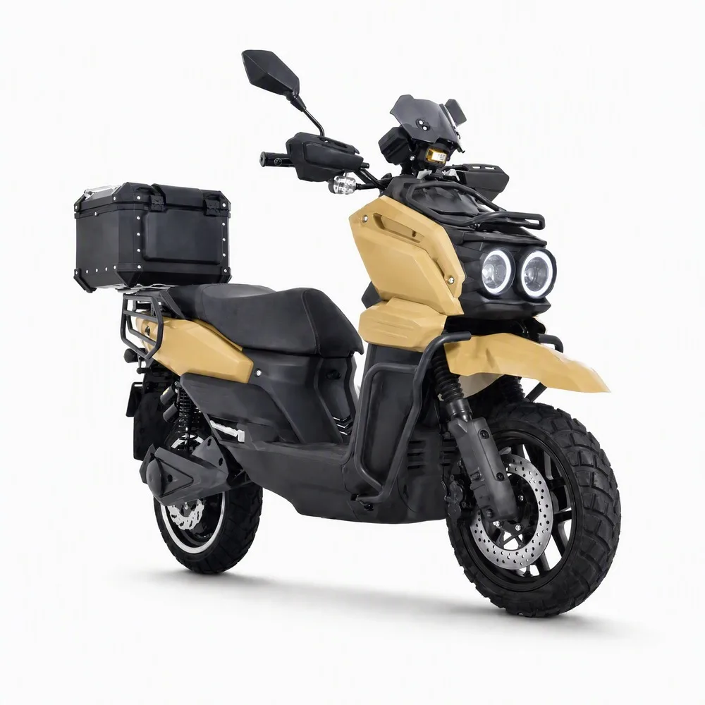 YzhgbAdult electric scooter with rear luggage rack, headlights, windshield, crash bar, desert yellow tires for adventurous commu