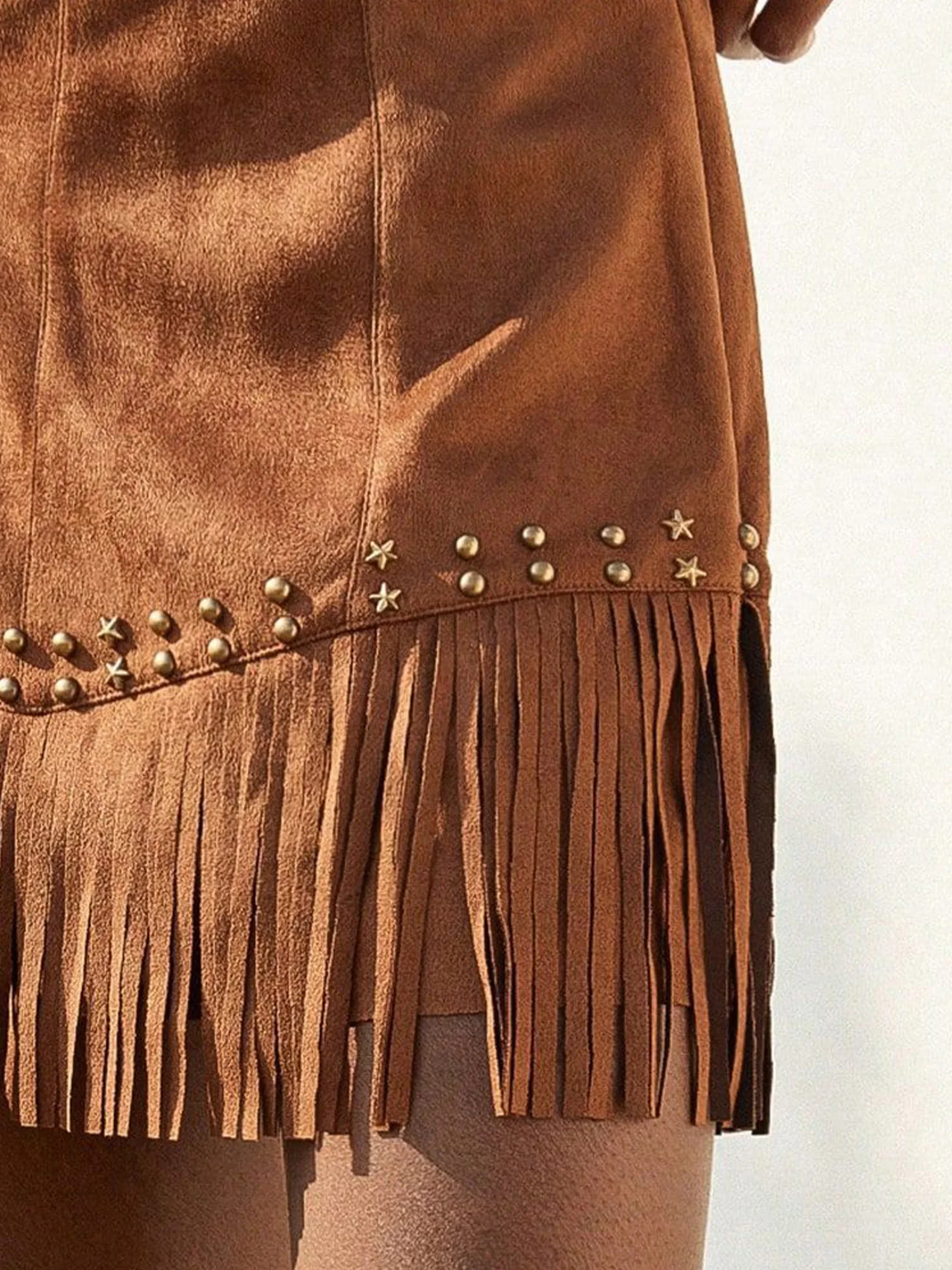 Mulheres y2k retro cowgirl franja mini saias ouro parafuso prisioneiro enfeites borla hem saia de camurça falsa para hippie dança festa temática