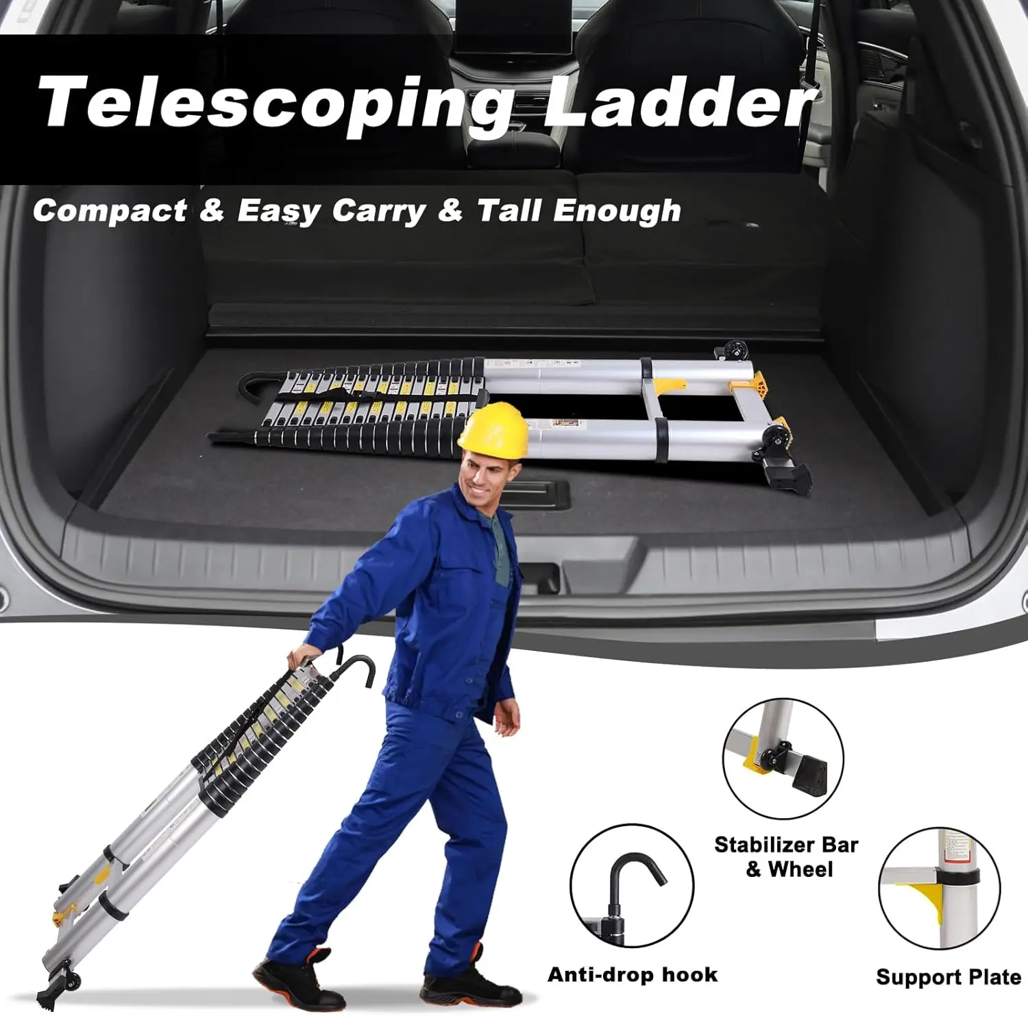 Telescoping Ladder with Stabilizer Bar Wheels and Hooks, Multi-Purpose Extension Ladder, Aluminum Folding Ladder