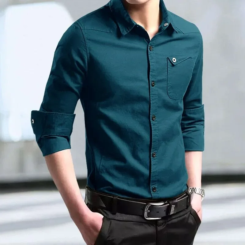 Slim Fit Korean Style Versatile Business Casual Shirt Casual Large Size Solid Color T-shirt New Cotton Male Long Sleeve Men