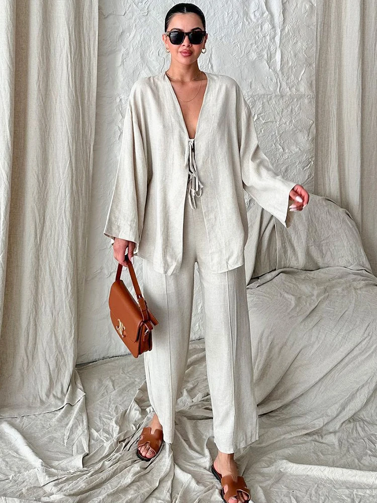 Jyate Green Cotton And Linen Suit V-neck Lace Long-sleeve Trousers Casual 2-piece Suit 2024 Autumn Fashion New Women Outfits