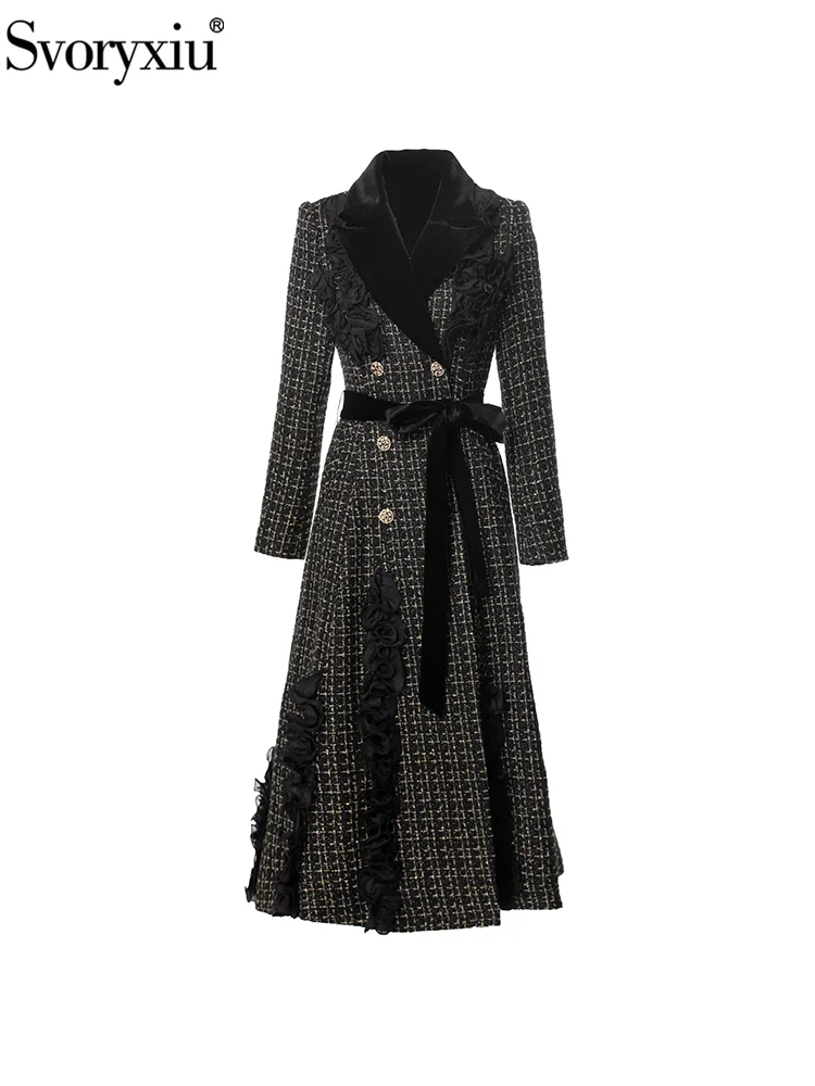 Svoryxiu Fashion Runway Winter Vintage Plaid Long Overcoat Women's Turn-down Collar Flounces Long Sleeve Belt A-Line Overcoat