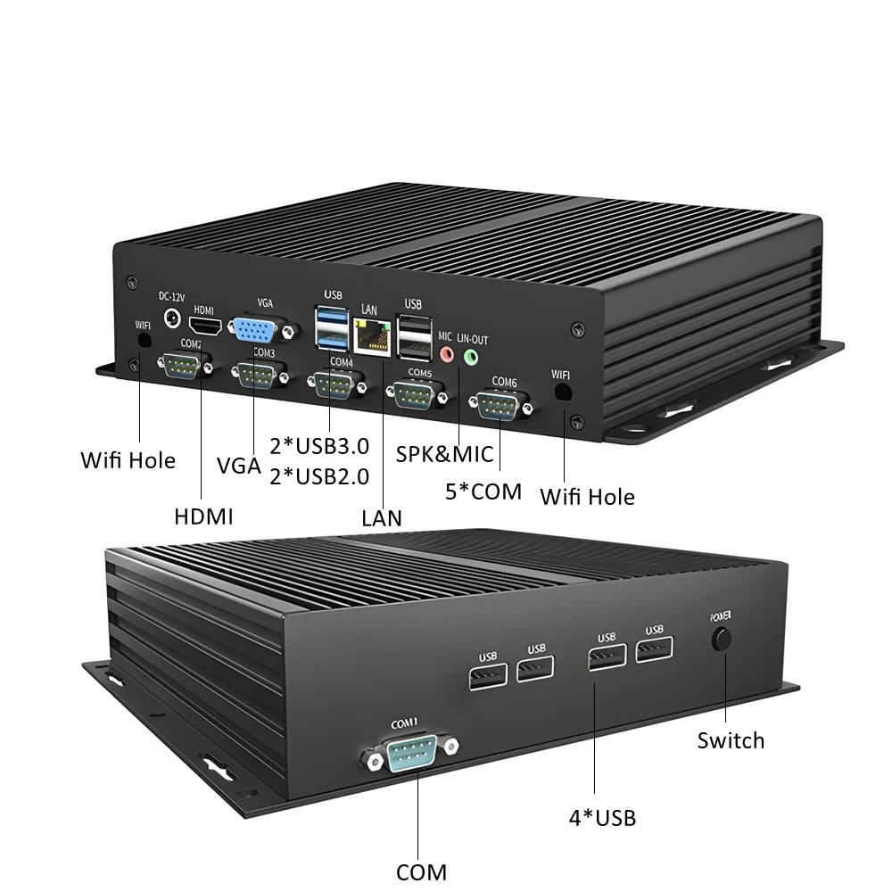 Bezwentylatorowy przemysłowy minikomputer Core i3 3110M 3230M 3520M 6USB2.0 2USB3.0 6COM RS232 1Lan AMI EFI BIOS Win10 Ubuntu Komputer wbudowany