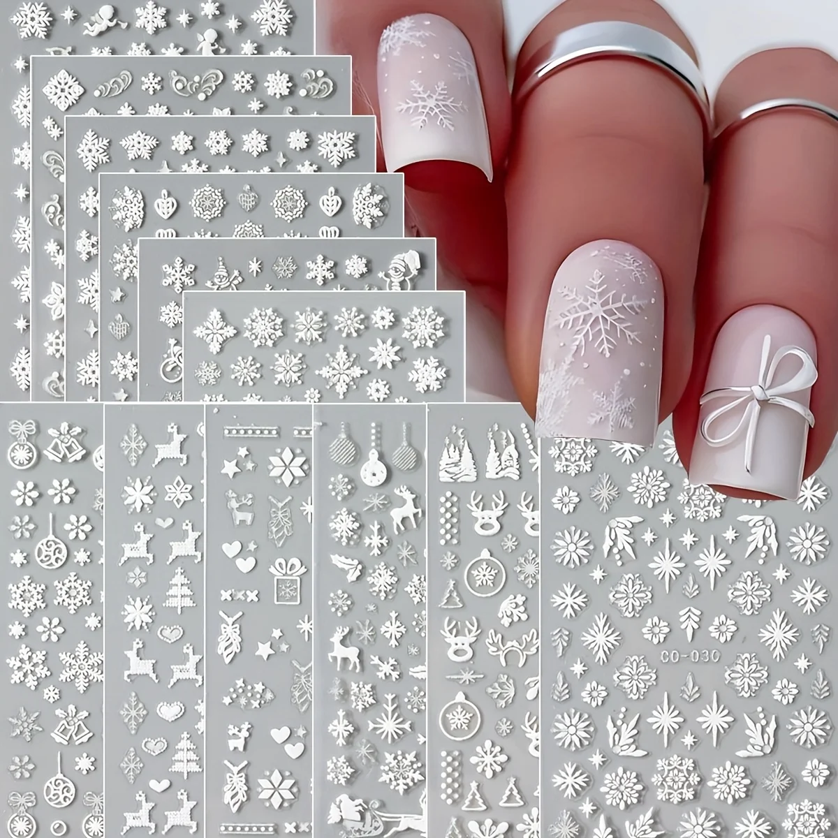 4 Stück weiße Cartoon-Schneeflocken-Weihnachtsmann-Nagelaufkleber – Winterschnee, Tier, Blatt, Hirsch, Geschenk, Stern, Herz, Nagelaufkleber, Urlaub, Neujahr