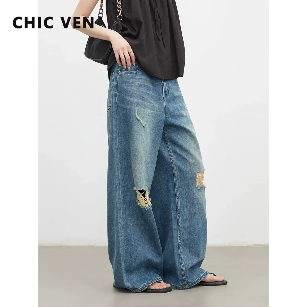

Джинсы женские CHIC VEN в корейском стиле, синие, свободные, повседневные, ретро, с рваным дизайном, широкие штанины, весна-лето 2026