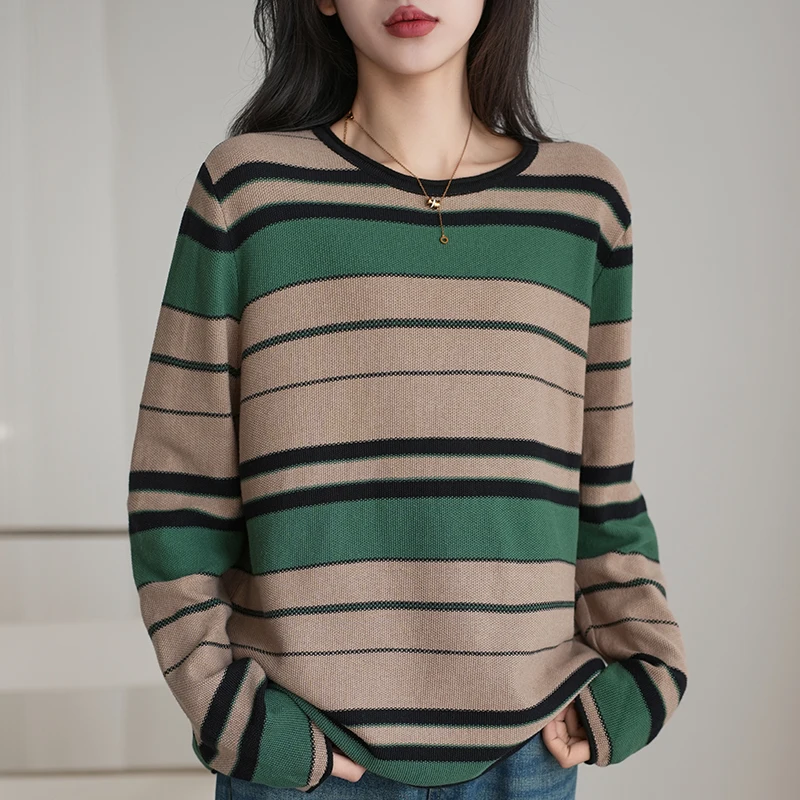 

Women 100% Cotton Sweater Autumn Winter Round Neck Patchwork Pullover Long Sleeve Bottoming Color Stripes Knitwear Loose Tops
