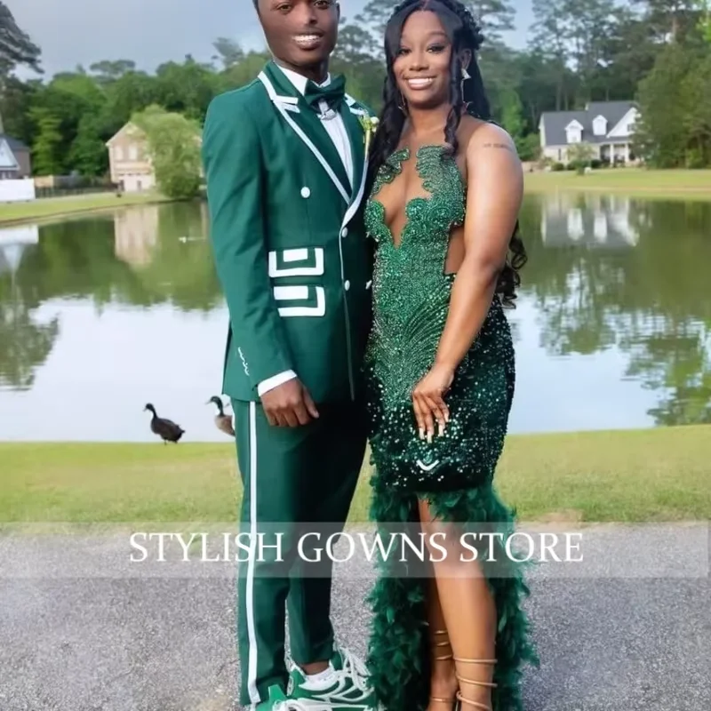 ชุดราตรีงานพรอมแบบดั้งเดิมสีเขียวมรกตไนจีเรียสั่งตัดพิเศษ ผ่าสูง ประดับลูกปัด ชุดราตรีงานเลี้ยงสไตล์แอฟริกัน Aso Ebi