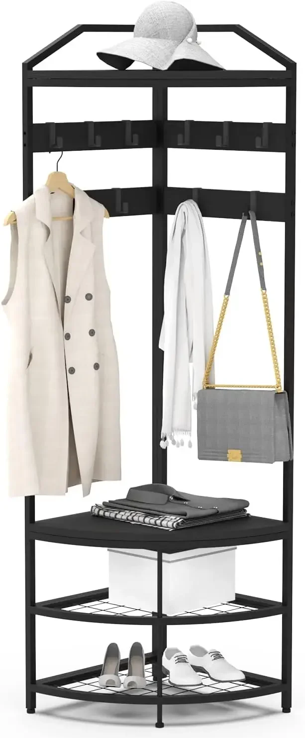Modern Black Entryway Corner Hall Tree with Shoe Bench Entryway Coat Rack
