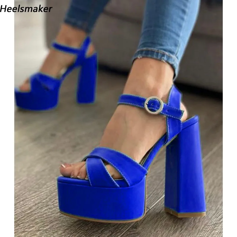 Sukeia Handmade Women Sandals Buckle Chunky Heels Round Toe Beautiful Blue Green Casual Party Shoes Ladies US Size 5-15