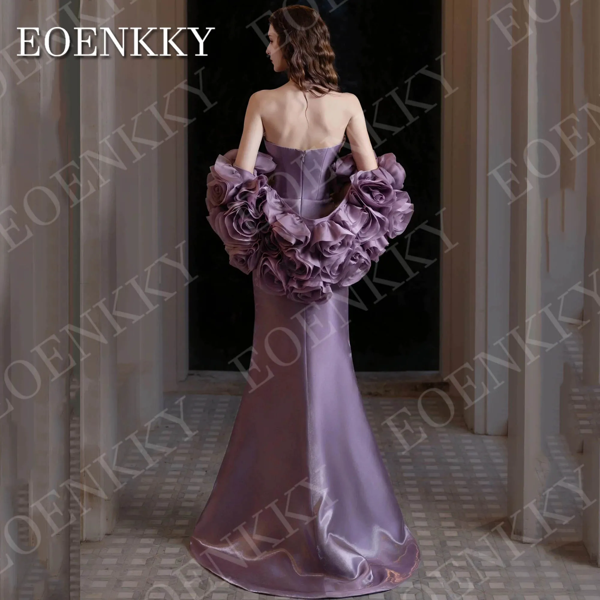 EOENKKY Luxury Mermaid Evening Dresses for Woman Formal Saudi Arabia Satin Floral Strapless Party Dress Customized فساتين سهرة
