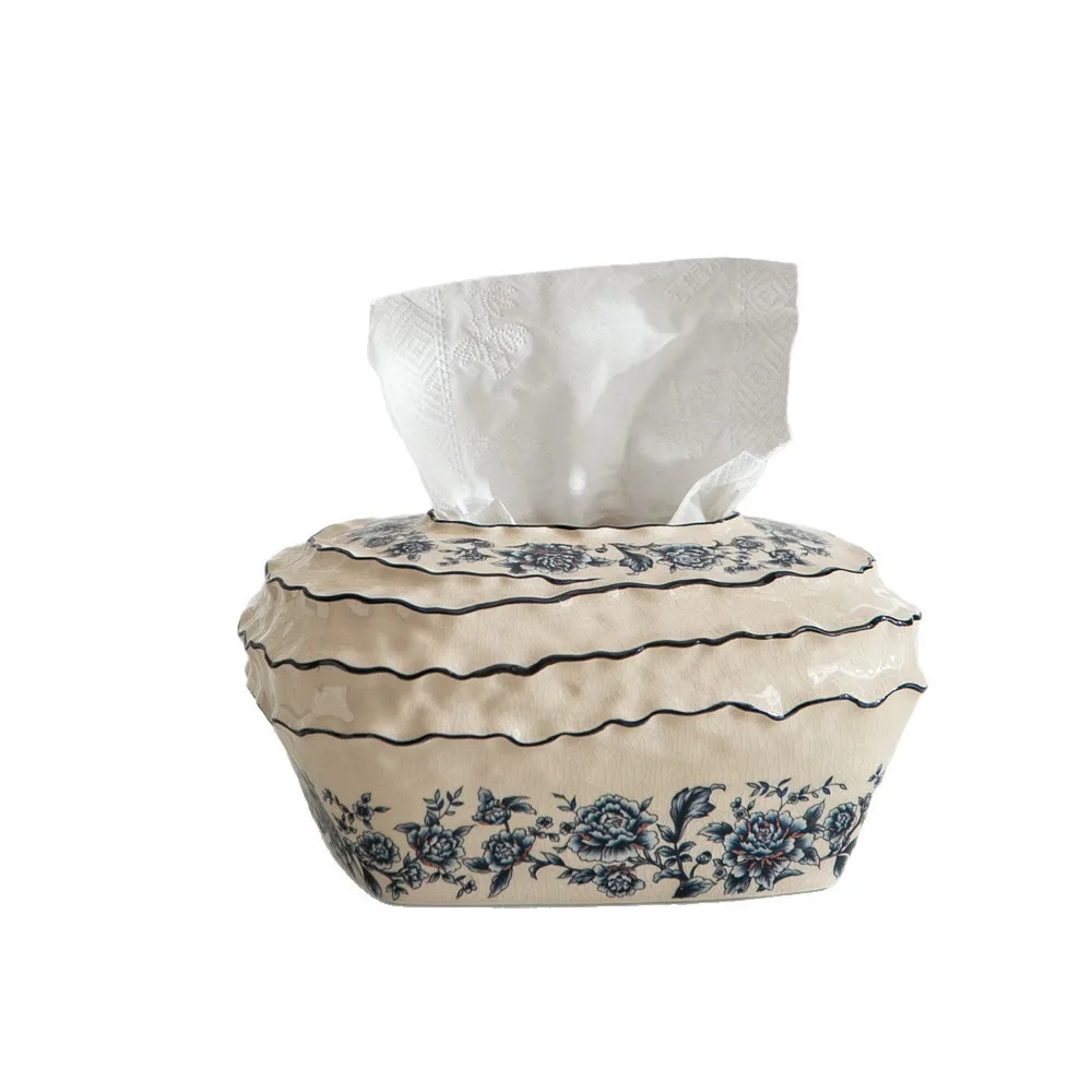 Vintage European Ceramic Tissue Box, Creative Stripe & Floral Design Napkin Holder, Home Decor Tabletop Storage for Living Room view 6