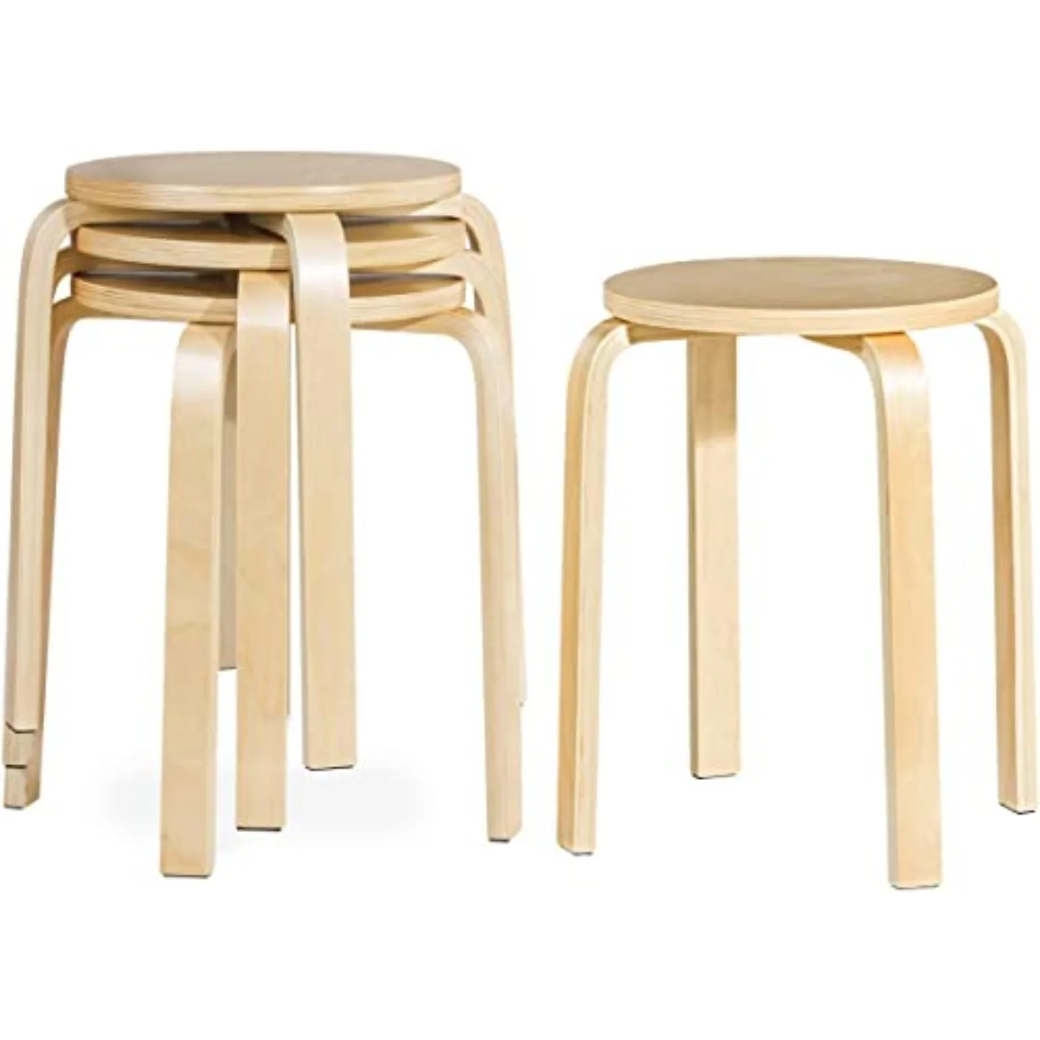 Stackable Bentwood Stools Set of 4, 18in Backless Round Chairs | Counter Nesting Stools with Round Top, Anti-Slip Felt