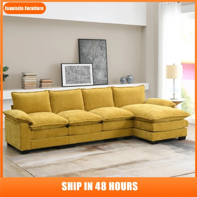 

Modern Chenille 118" Sofa With Double Cushions Storage Pockets 5 Seat Upholstered L-Shaped Comfy Cloud Couch With Chaise