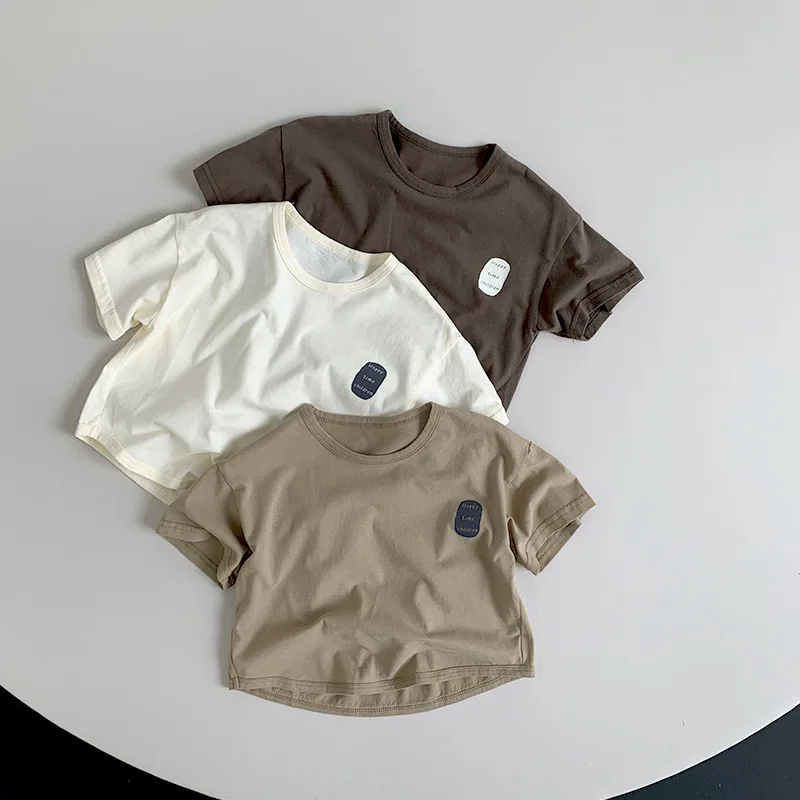 

2024 Summer Fashion Boy Girl Children Patch Short Sleeve T-shirts Baby Simple Casual Tees Toddler Cotton Loose Tops Kids Clothes