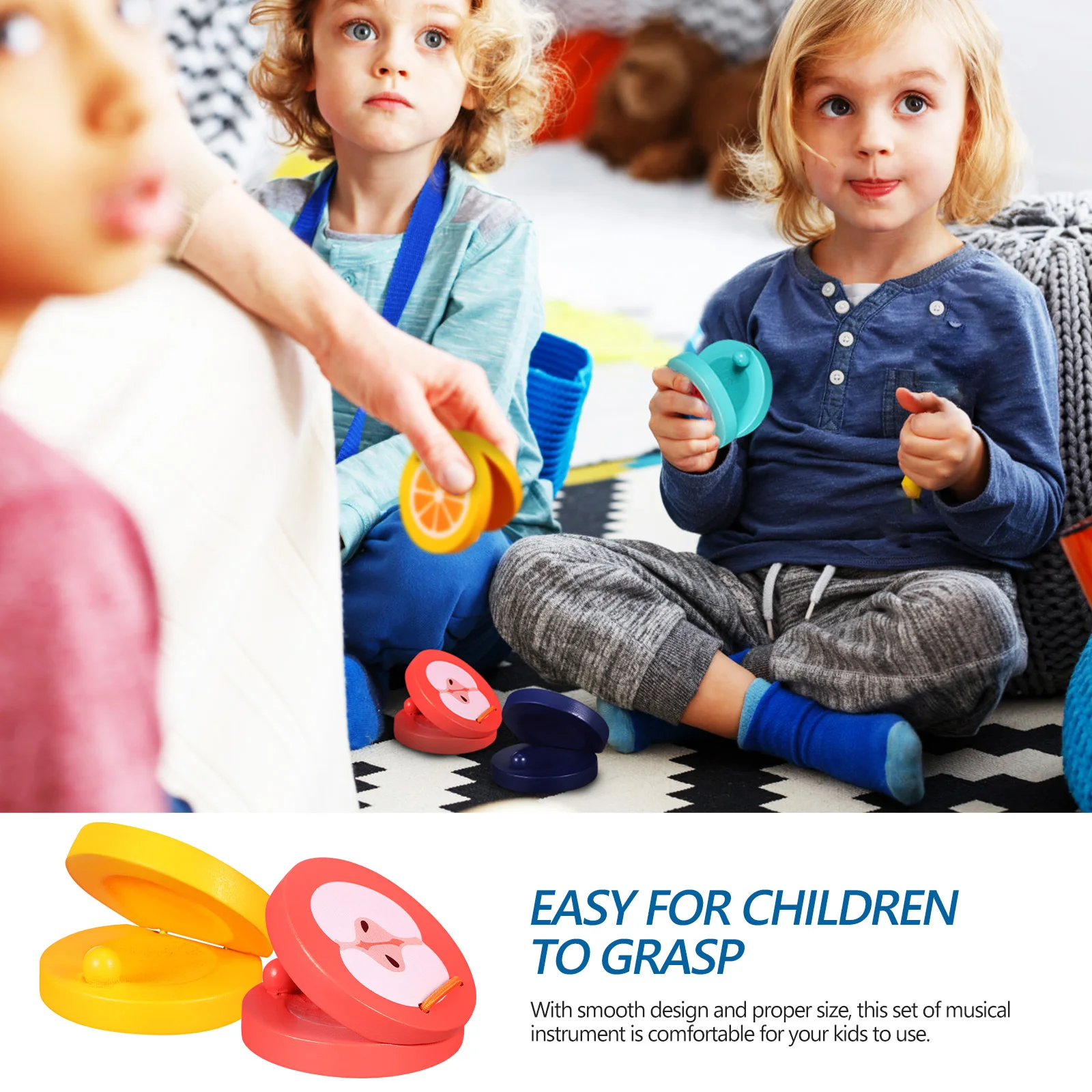 

4 Pcs Wood Castanets Musical Instruments Finger Small Percussion Kids Toddler Baby Cartoon Fruit Pattern Wooden Reusable