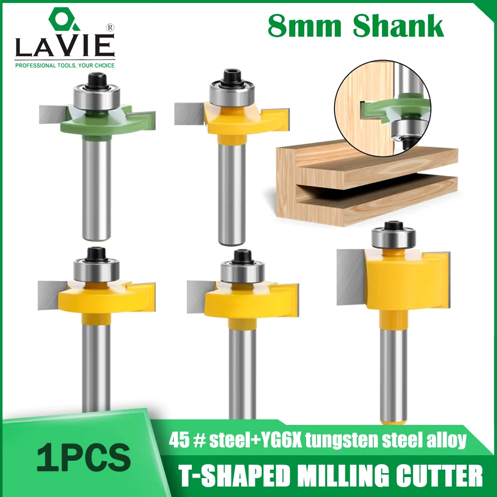 

LAVIE1PC 8mm Shank T-Sloting Router Bit Bit with Bearing Wood Slot Milling Cutter T Type Rabbeting Woodwork Tool For Wood Cutter