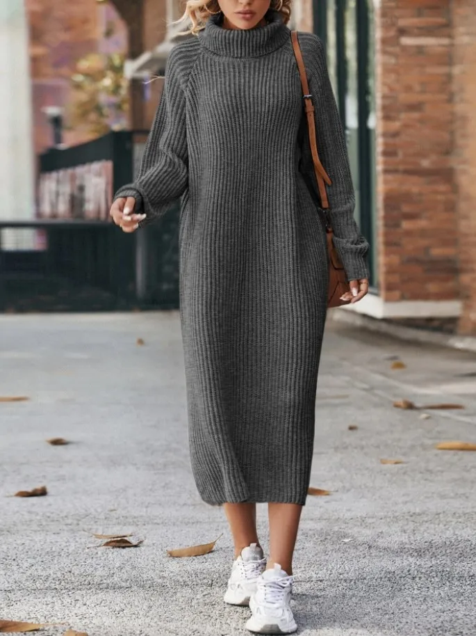 Winter New Women's Fashion Temperament Elegant Slim Fit Coat Long Woolen  Dress Loose Casual High Neck Knitted Dress - AliExpress 200000345