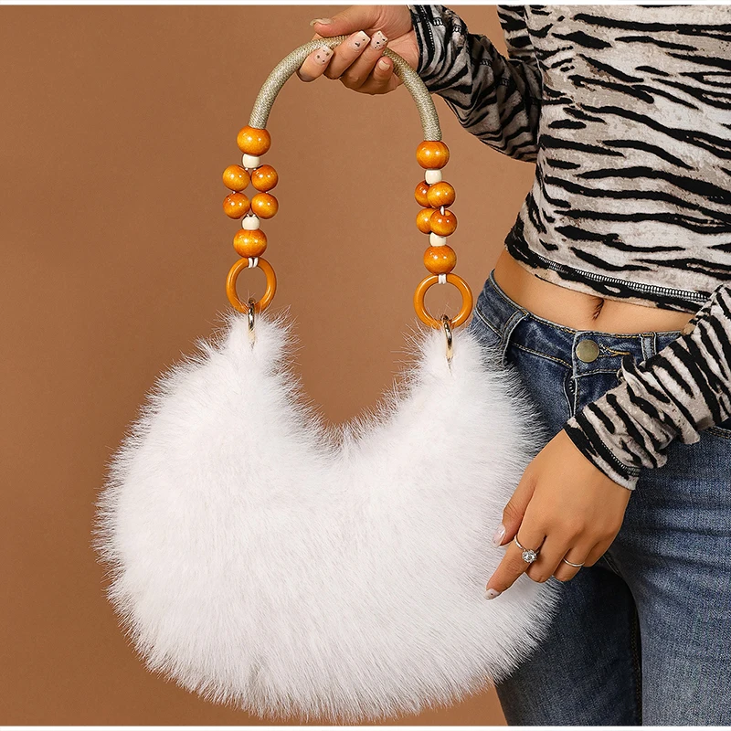 Long Fluffy Autumn Winter Soft Solid Color Shoulder Bag Fashion Elegant Bead Handle Armpit Bag Large Capacity Women Evening Bag