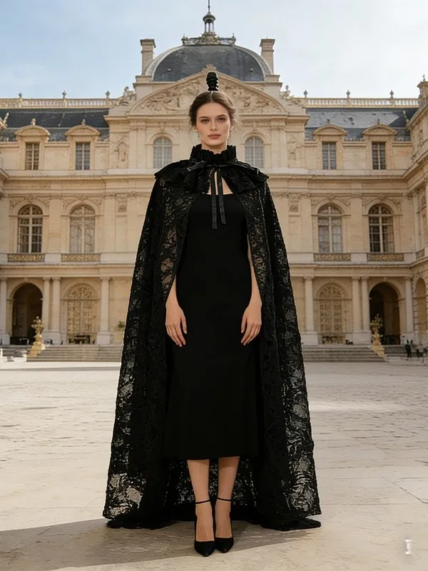 

Retro Medieval Court Style Lace Cloak Halloween Robe Stand Collar Pleated Shoulder Wrap Lolita Dark Robe Polyester Material