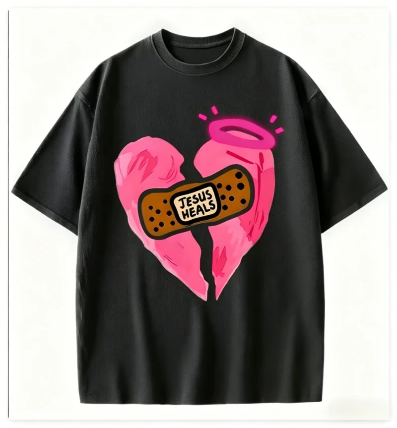 Jesus Heals Broken Heart Print T-shirt Religious Faith Graphic Short Sleeve Tops Men Women Casual Streetwear Daily Wear Tee