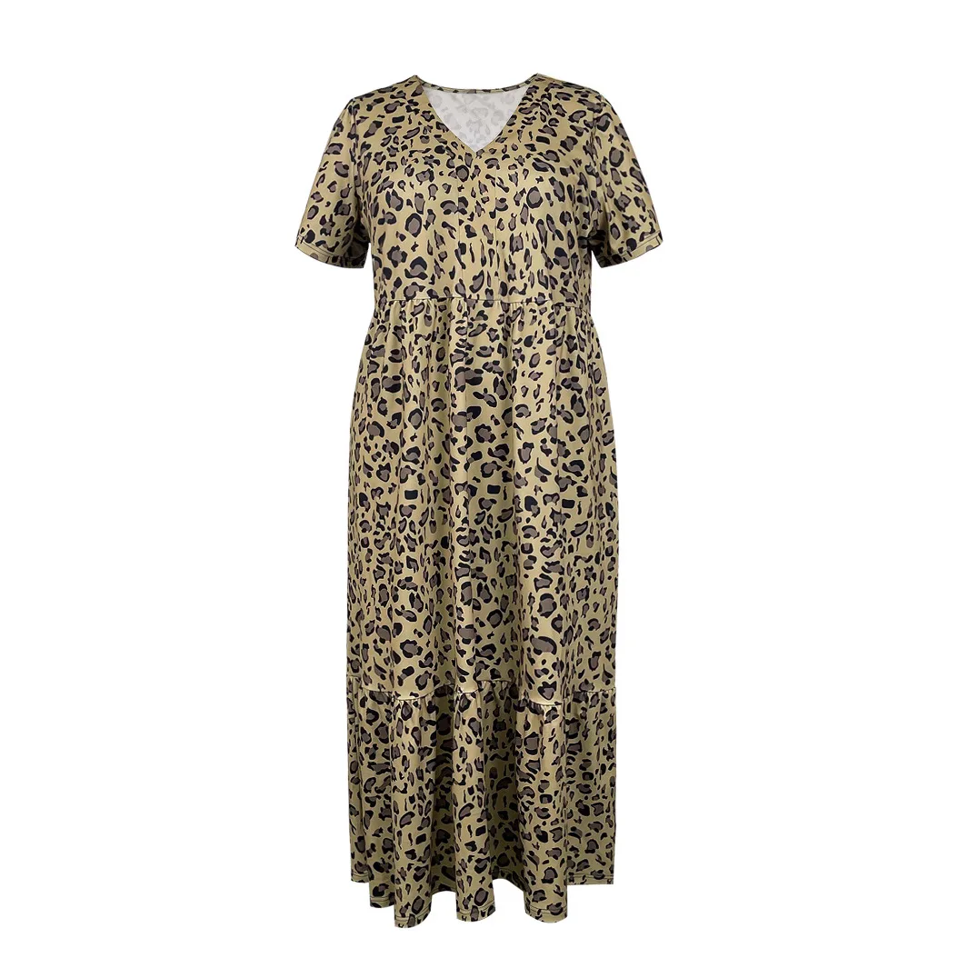 Vestido solto de manga curta com gola V leopardo plus size para mulheres OD-057 Estação Independente