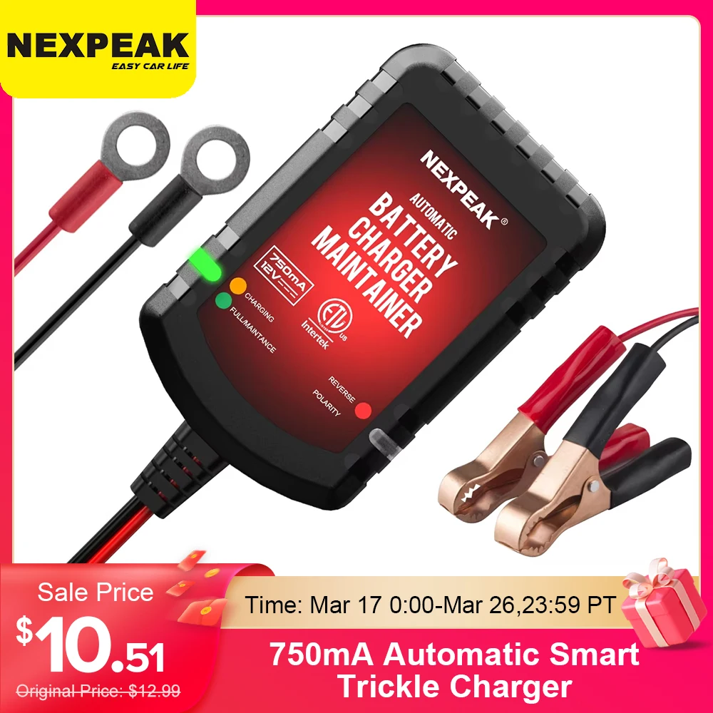 Car Battery Charger NEXPEAK NC075 Trickle Charger 12V 750mA Automatic Smart Battery Charger Maintainer