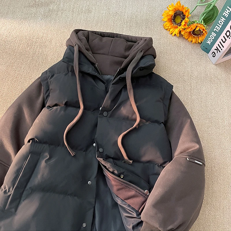 

Мужская зимняя куртка из хлопка с пуховым наполнителем, утепленная, в стиле пэчворк, американское ретро, с капюшоном, повседневная, из полиэфирного волокна, на молнии