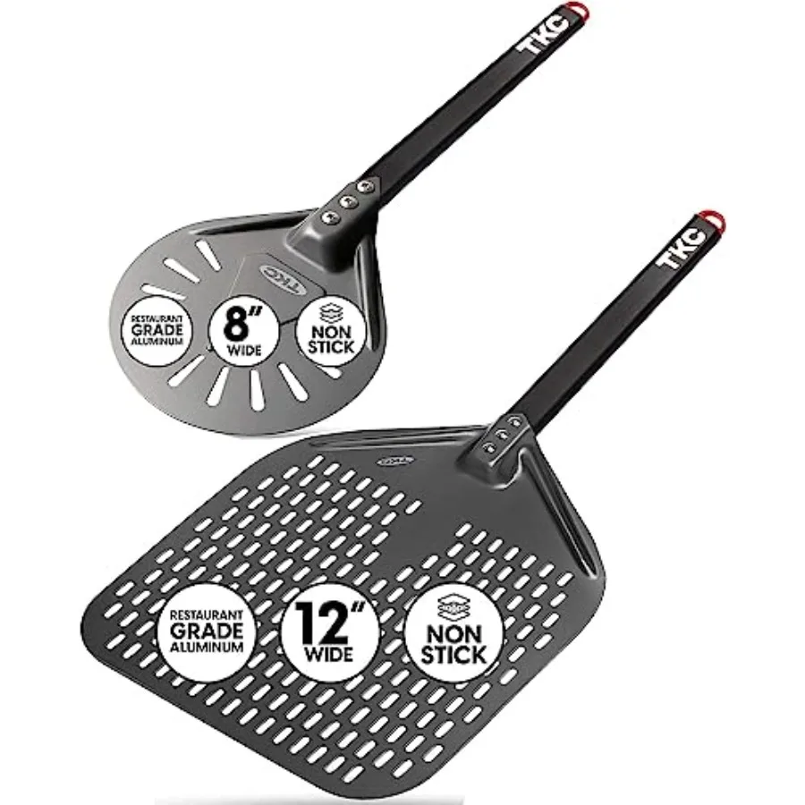 

12" 8" Perforated Pizza Peels - Professional Aluminum Pizza Turning peel - Long Handle Metal Pizza Spatula for Indoor and Outdo