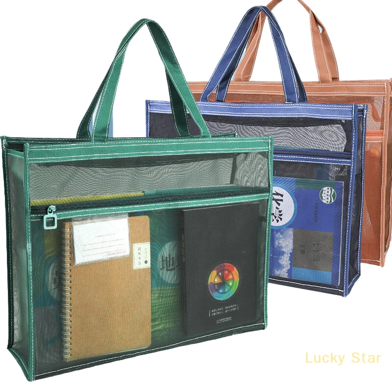 Bolsa grande de vinil de malha transparente com alça e zíper, armazenamento de pôster transparente de 17 x 13 x 4,4 polegadas, sacola A3