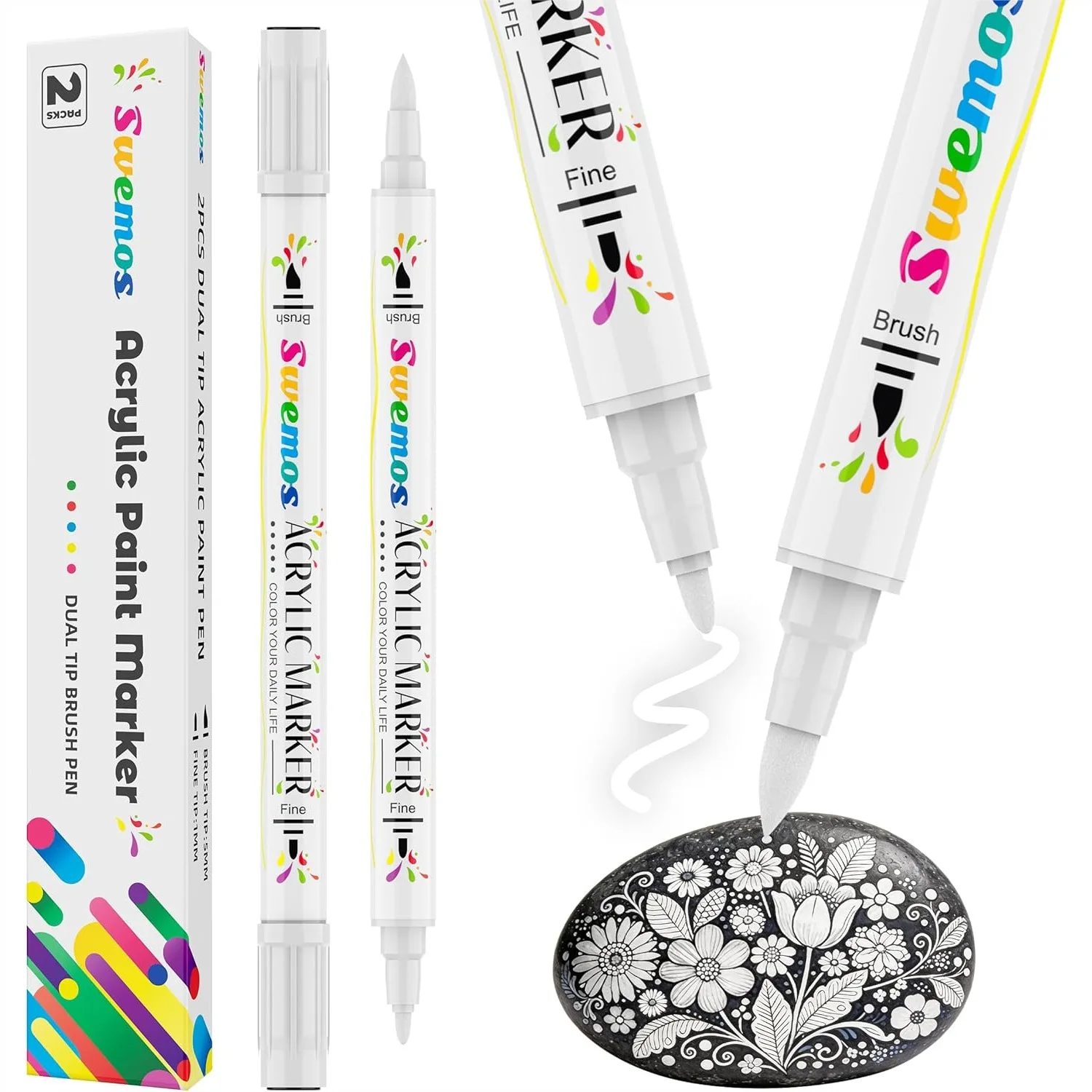 

2Pcs White Acrylic Paint Pens Markers with Dual Tip for Rock, Canvas, Stone, Wood, Glass, Metal