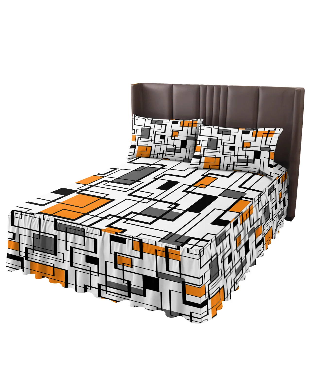 Abstract Geometry Modern Art Orange Bed Skirt Elastic Fitted Bedspread With Pillowcases Mattress Cover Bedding Set Bed Sheet