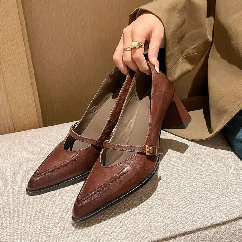 

Elegant French Style High Heels Embellished Buckle Pointed Toe Spring Summer Autumn Leather Sandals for Women Plus Size 40 41 42