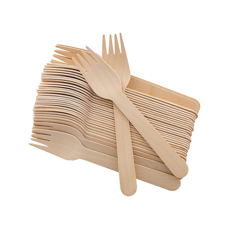 50pcs Disposable Wooden Fork Spoon Picnic Party Tableware Household Kitchen Dinner Supplies Dessert Cake Travel Portable TMZ