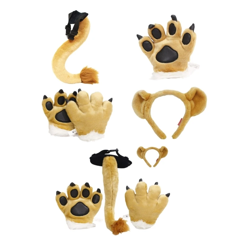 

Kids Animal Costume Lion Ears Headband Tail Paw Gloves 4 pcs Set T8NB